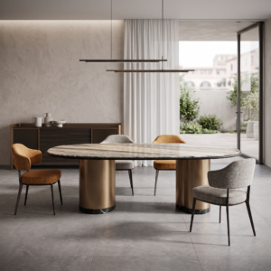 2.4m Oval Natural Marble Dining‑Table With Bronze Support Base MJ1506