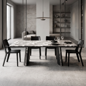 2.4m Bulgari‑Grey Dining Table With Trapezoidal Inlaid‑Marble Pedestals MJ1508
