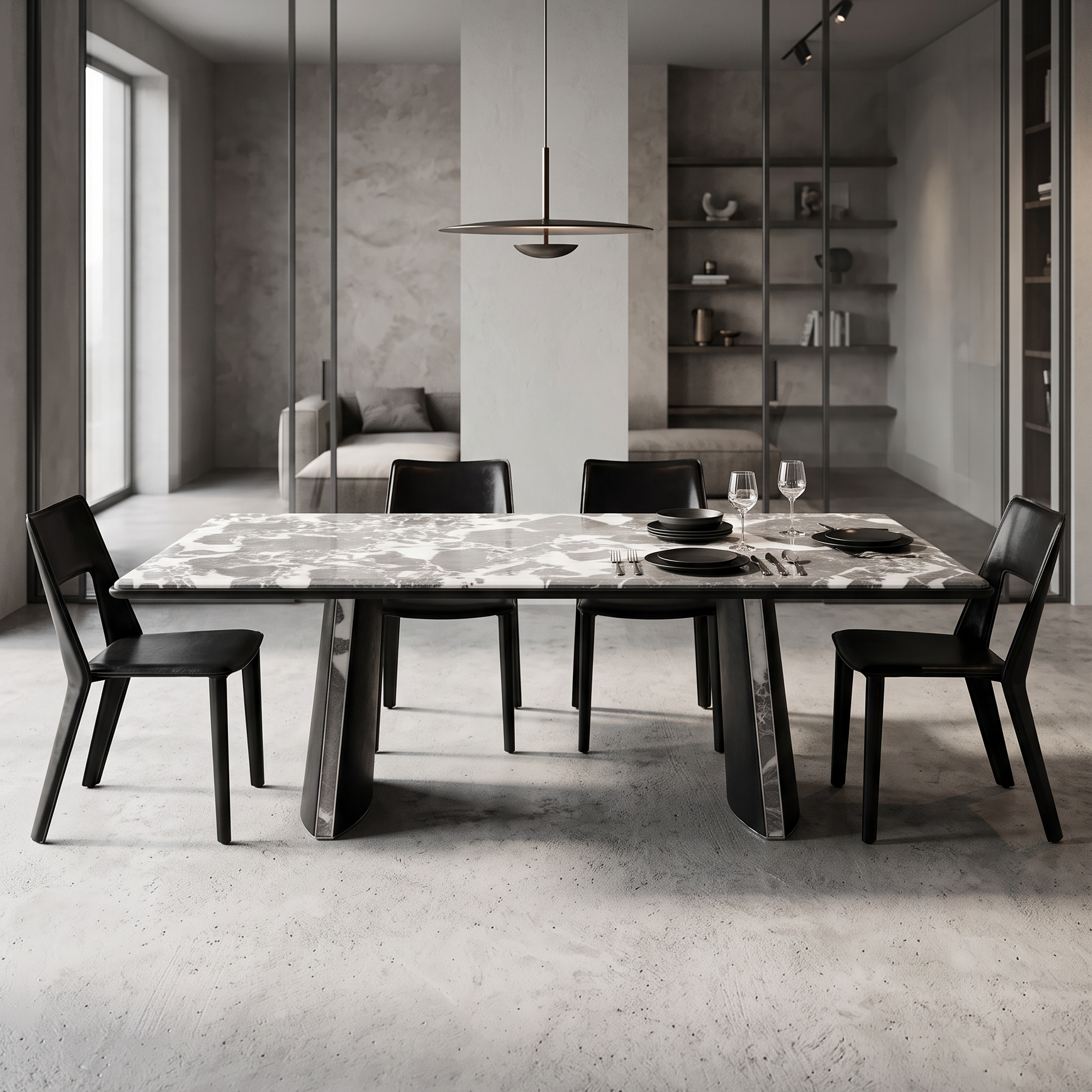 2.4m Bulgari‑Grey Dining Table With Trapezoidal Inlaid‑Marble Pedestals MJ1508