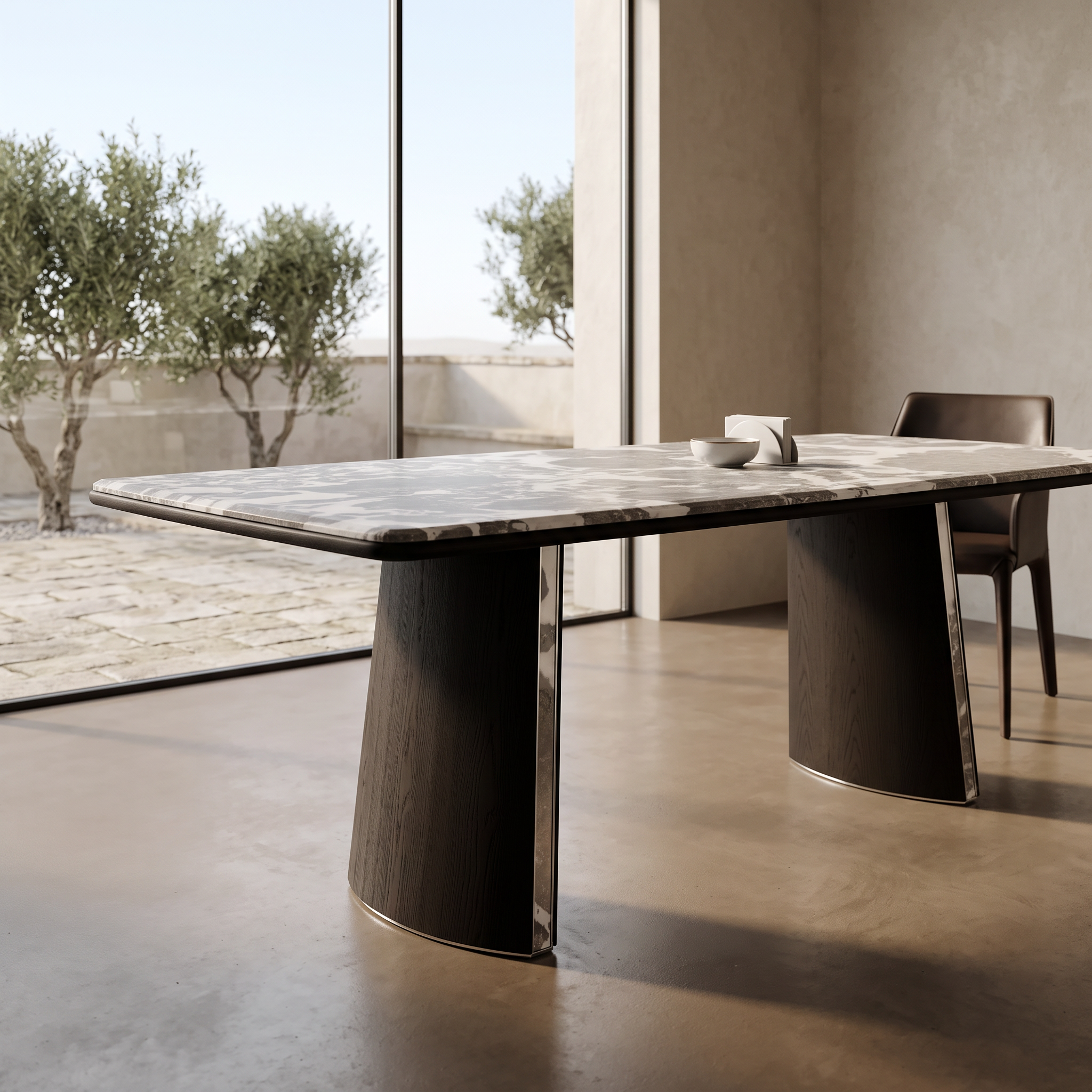 2.4m Bulgari‑Grey Dining Table With Trapezoidal Inlaid‑Marble Pedestals MJ1508 - 图片 3