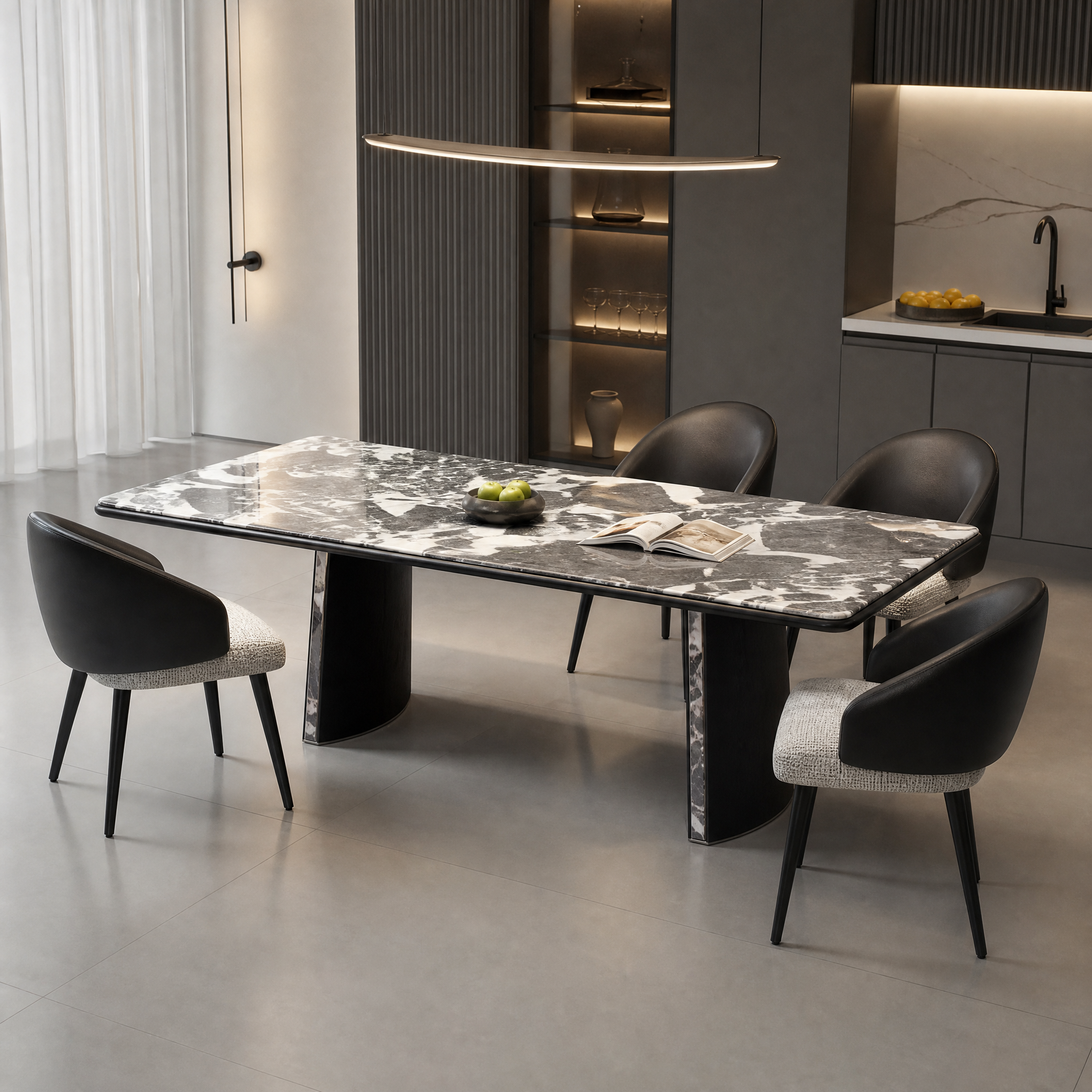 2.4m Bulgari‑Grey Dining Table With Trapezoidal Inlaid‑Marble Pedestals MJ1508 - 图片 2
