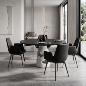 1.35m Laurent Black‑Gold Natural Marble Round Table, Solid Stone Base MJ1515