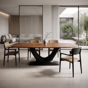 2.8m Wood‑Grain Natural Marble Table, Wood Veneer Base MJ1523