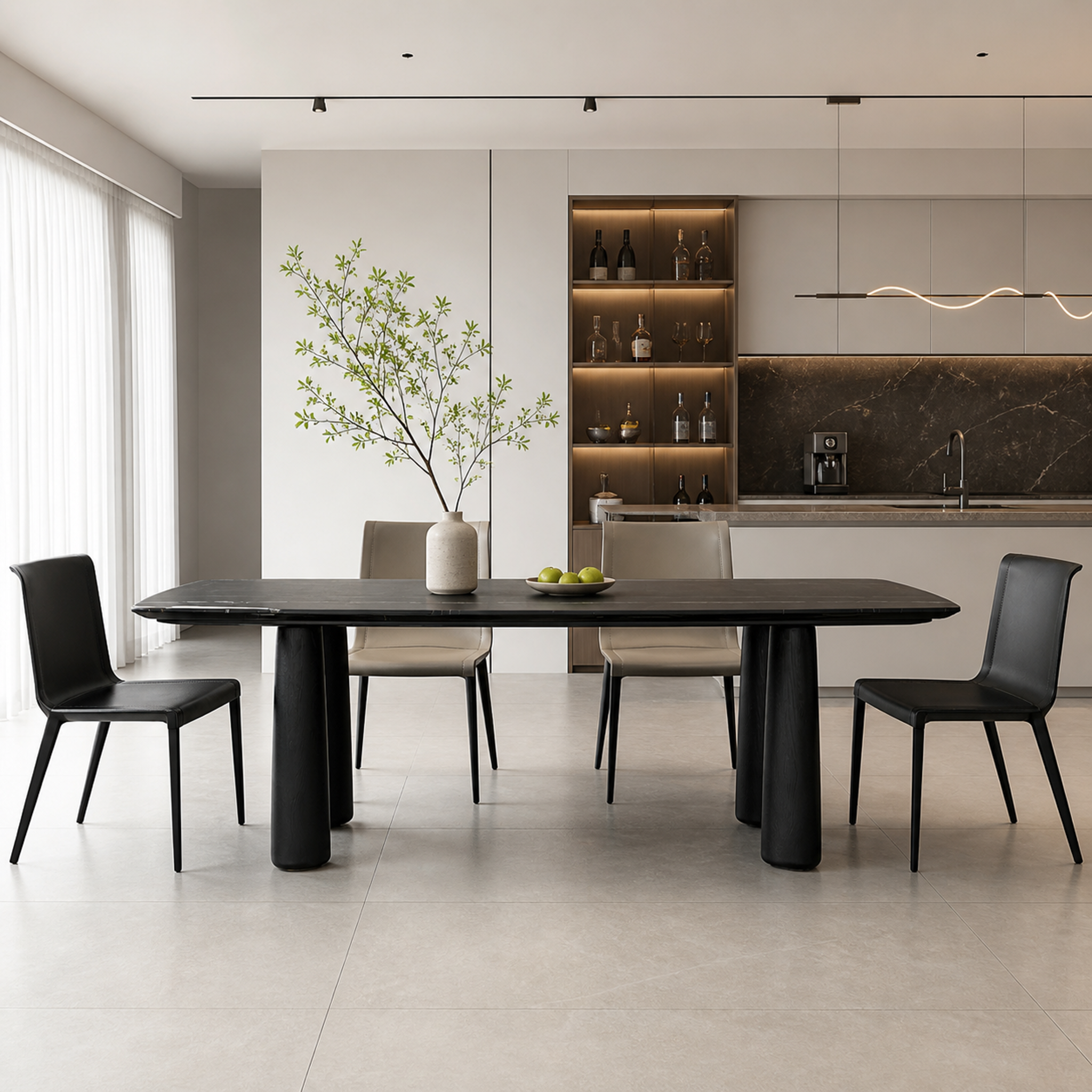 2.4m Lauren Black‑Gold Marble Dining Table with 4 Wooden Legs MJ1510