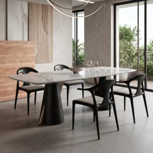 2.4m Natural Marble Dining Table With Wood & Stainless Steel Legs MJ1525