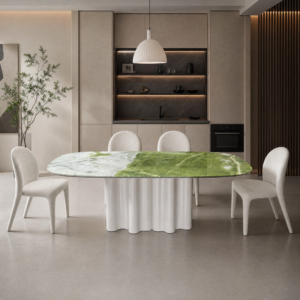 2.4m Green-White Natural Marble Table, Wave‑Shaped Base MJ1538