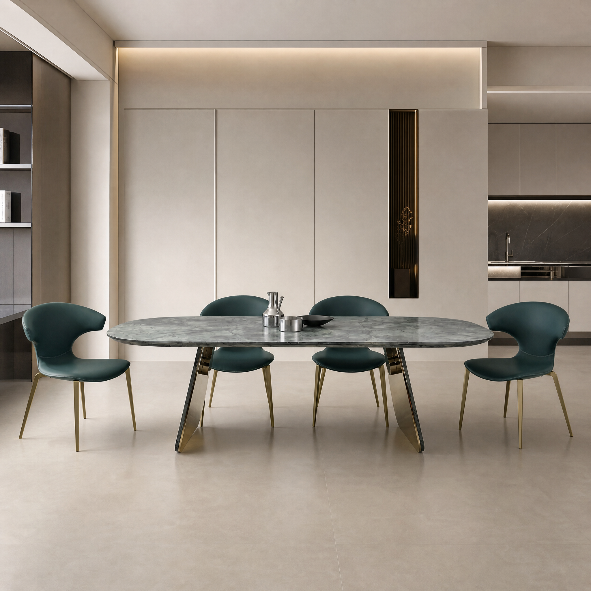 2.2m Green Nature Marble Golden Stainless Steel Dining Table MJ180 - 图片 2