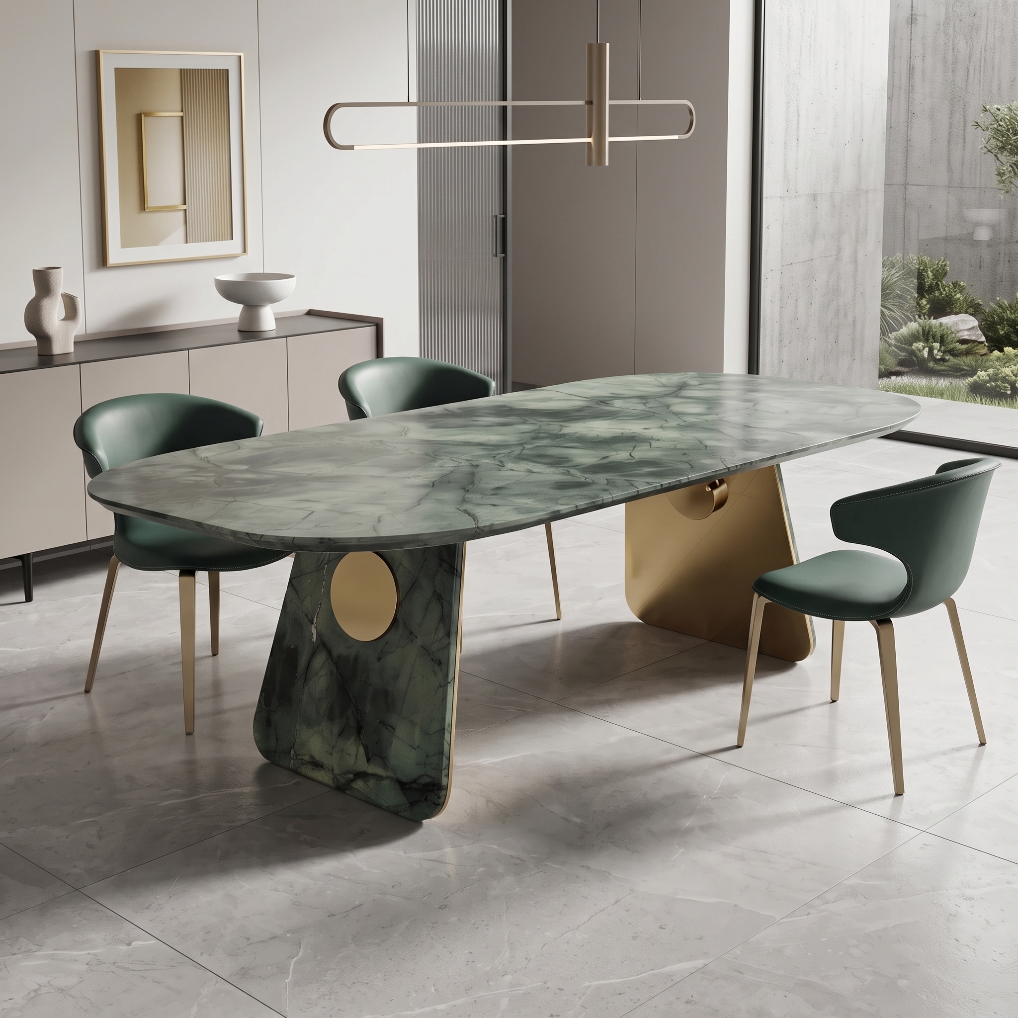 2.2m Green Nature Marble Golden Stainless Steel Dining Table MJ180