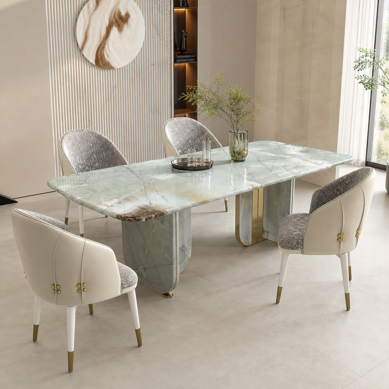 2.4m Luxury Tiffany Green Natural Marble Dining Table MJ612 - 图片 2