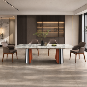 2.4m Upholstered Double‑Leg Stainless‑Steel Dining Table MJ1265
