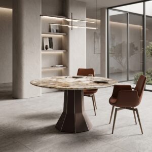 1.5m Flared‑Shaped Upholstered Dining Table with Pandora Marble Top MJ1269