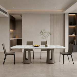2.2m Two Hollow Waist‑form Leather‑Wrapped Bases Nature Marble Dining Table MJ1272B