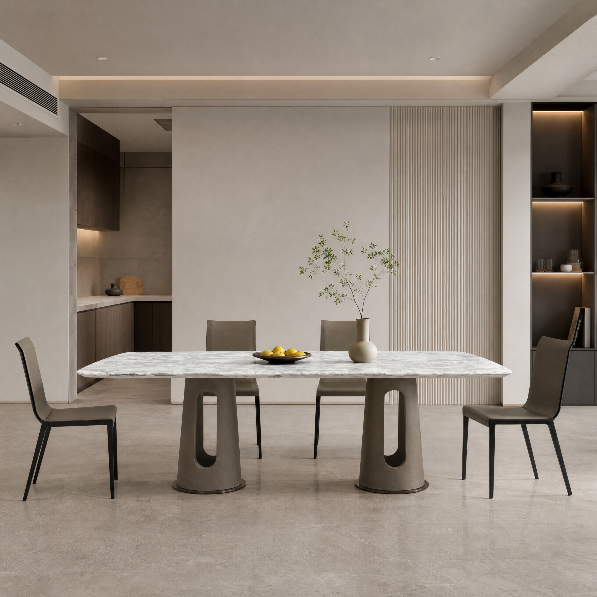 2.2m Two Hollow Waist‑form Leather‑Wrapped Bases Nature Marble Dining Table MJ1272B