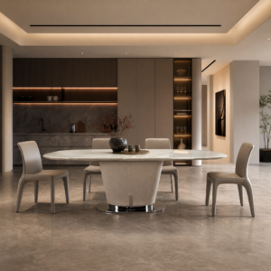 2.4m Ellipse Marble Dining‑Table, Leather‑Wrapped Conical Single Leg MJ1282