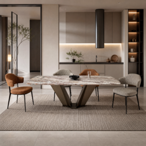 2.4m Nature Marble Dining Table With V‑shaped Stainless‑Steel Base MJ1301