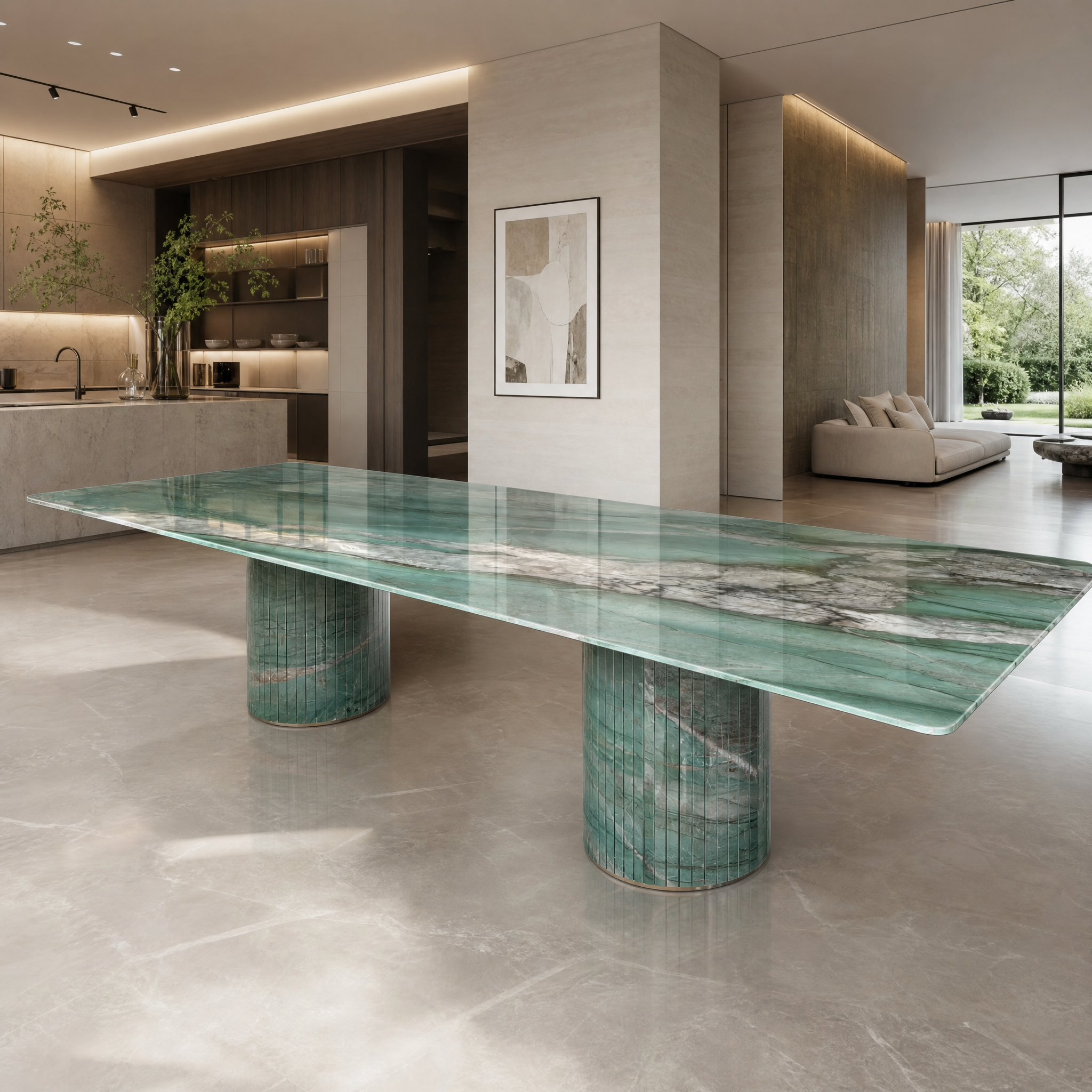 3.5m Luxury Villa House Nature Green Marble Dining Table MJ1302 - 图片 2