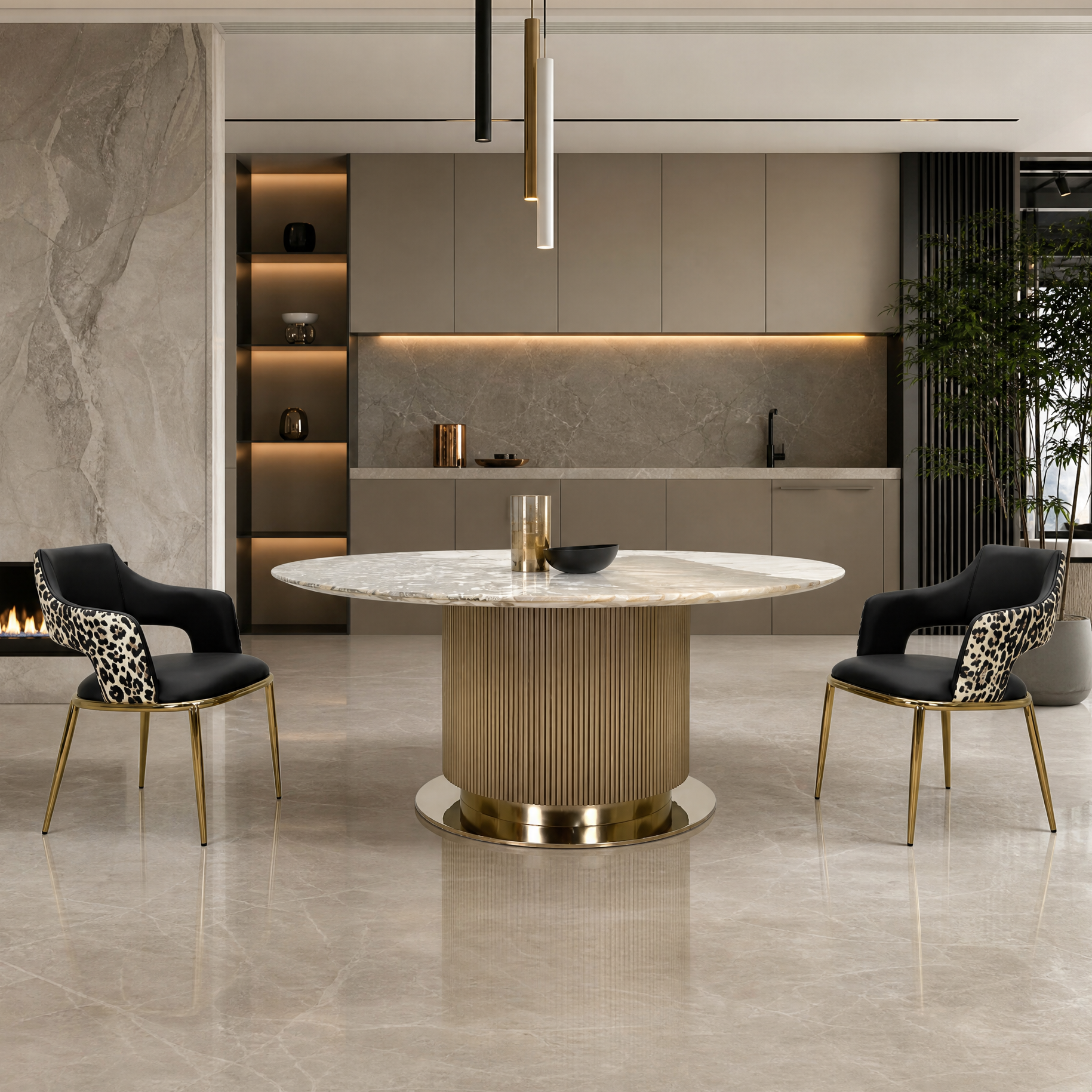 1.8m Round Dining Table Three‑dimensional Vertical‑strip Stainless‑Steel Cylindrical Base MJ1310