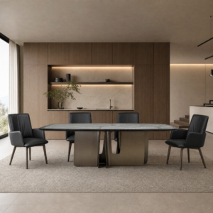 2.4m Natural Marble Wood‑veneer Splice Solid Stainless Steel Base Dining Table MJ1319