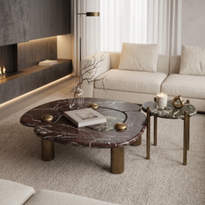 1.1m Vintage‑Red Natural Marble Irregular Petal Coffee‑Table MJ2095