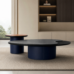 1.2m Leather‑Upholstered Drum Nesting Coffee Table Set with Marble and Wood Top MJ2100