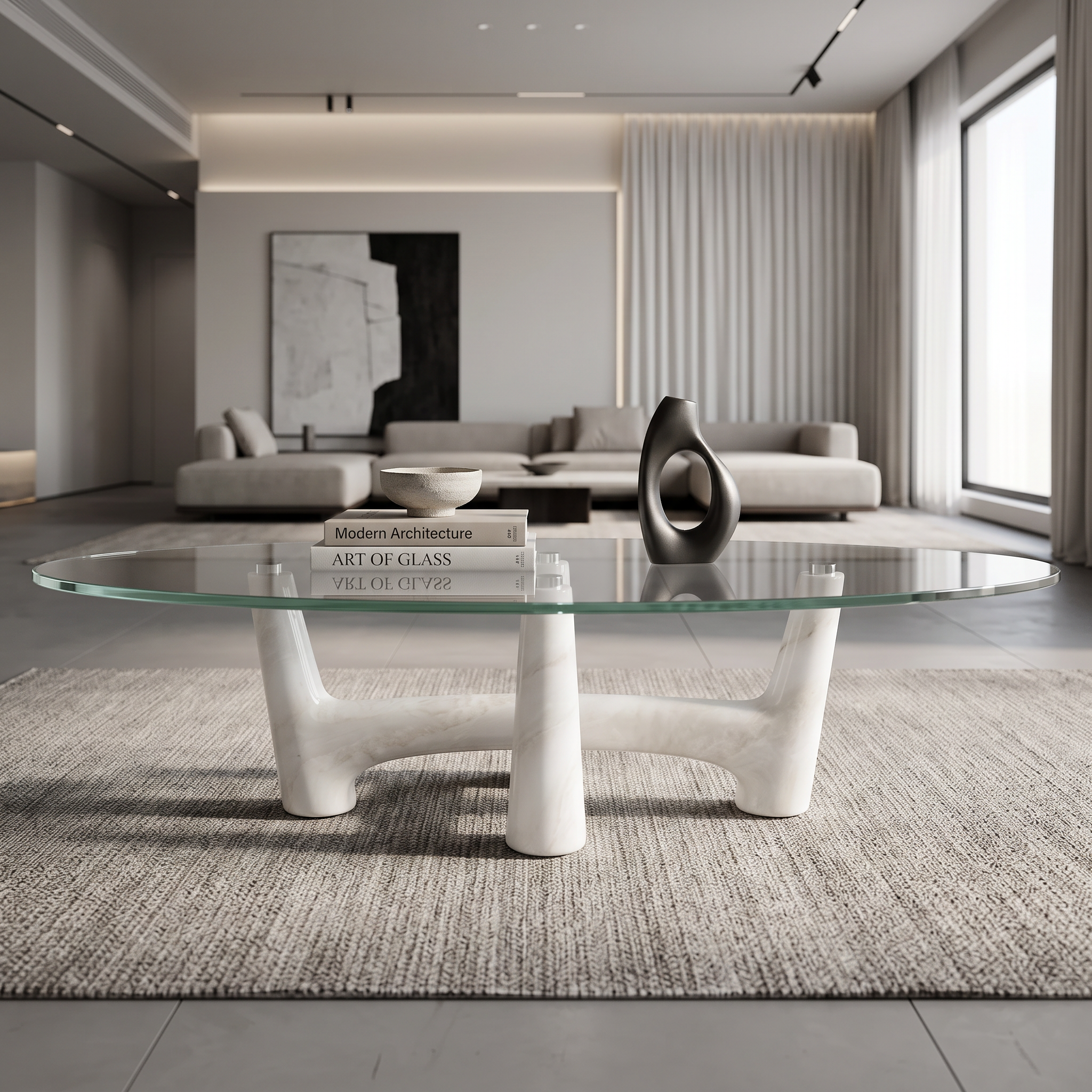 1.4m Branch‑Design Oval Coffee Table, Glass Top & Solid Stone Base MJ2107