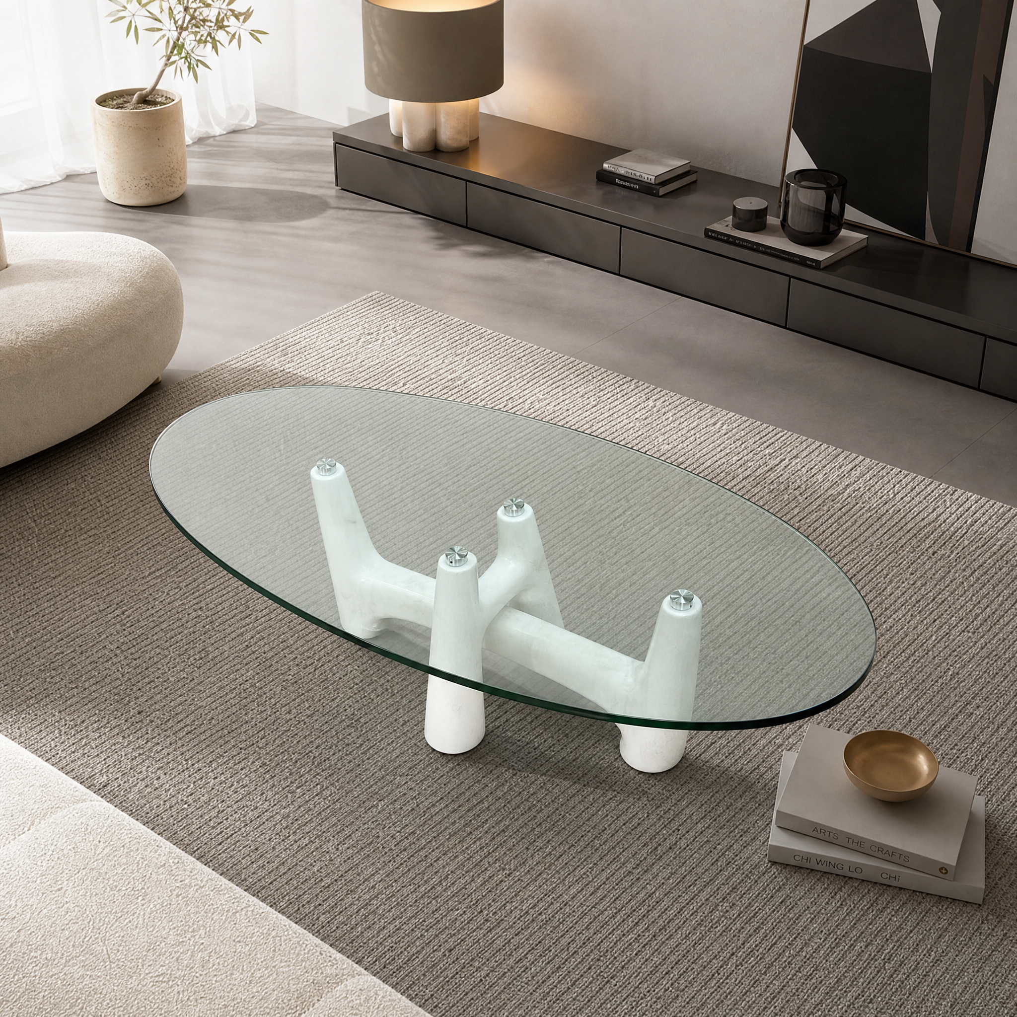 1.4m Branch‑Design Oval Coffee Table, Glass Top & Solid Stone Base MJ2107 - 图片 2