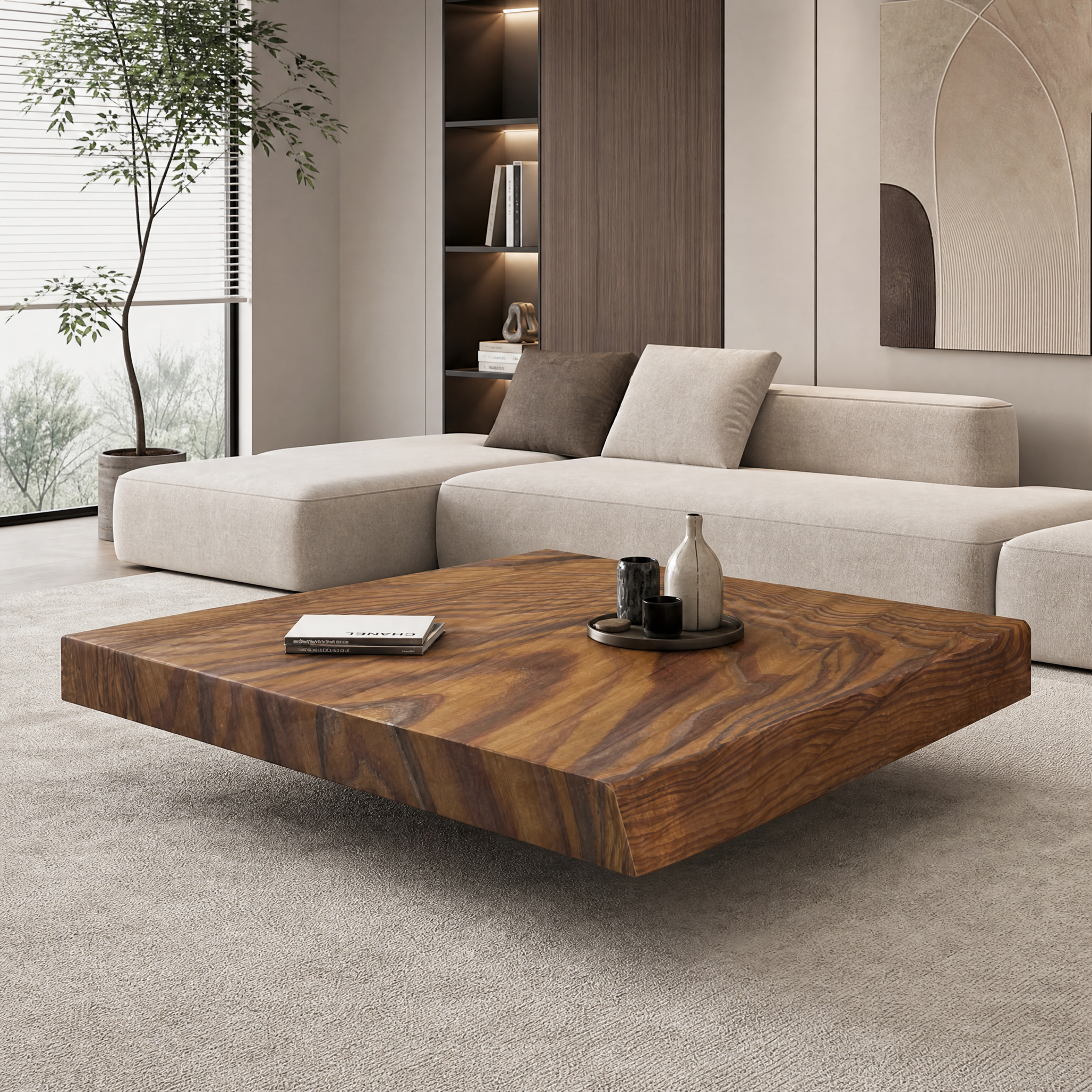 1.1m Wood‑Grain Natural Marble Irregular Square Floating Coffee Table MJ2111