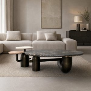 1m Industrial Pipe‑Design Natural Marble Nesting Coffee Table Set MJ2081