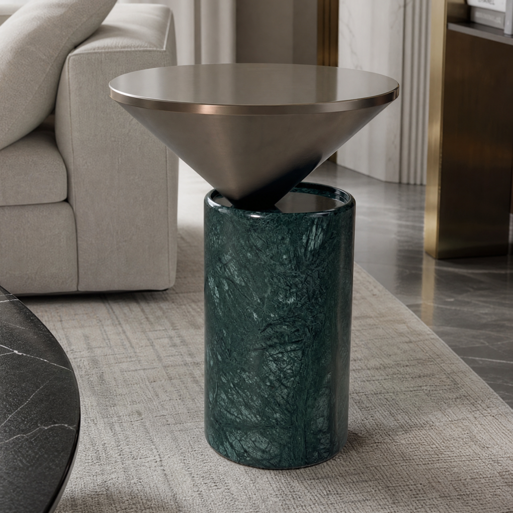 Solid Indian‑Green Natural Stone Side Table With Stainless‑Steel Tabletop BJ053