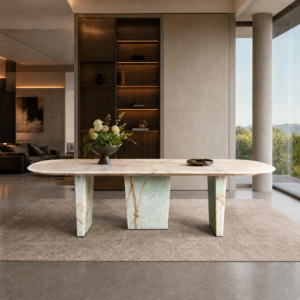 2.6m Dining Table With Three Trapezoidal Nature Marble Legs MJ1360