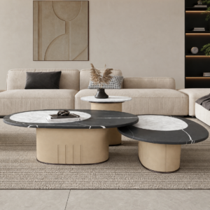 1.1m Black‑White Inlaid Stone PU Base Coffee Table Trio MJ2067