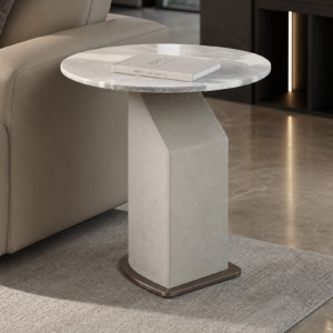 Angled Cut Upholstered Pedestal Marble Accent Table MJ601