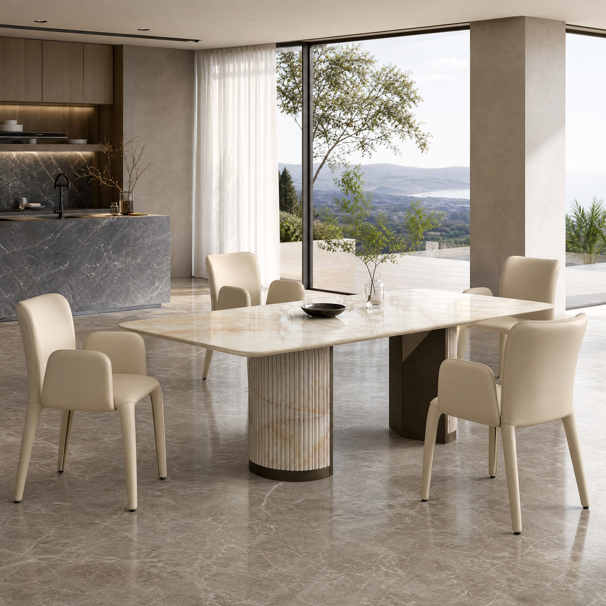 2.2m Pedestal Leg Nature Marble Top Dining Table MJ1558 - 图片 2