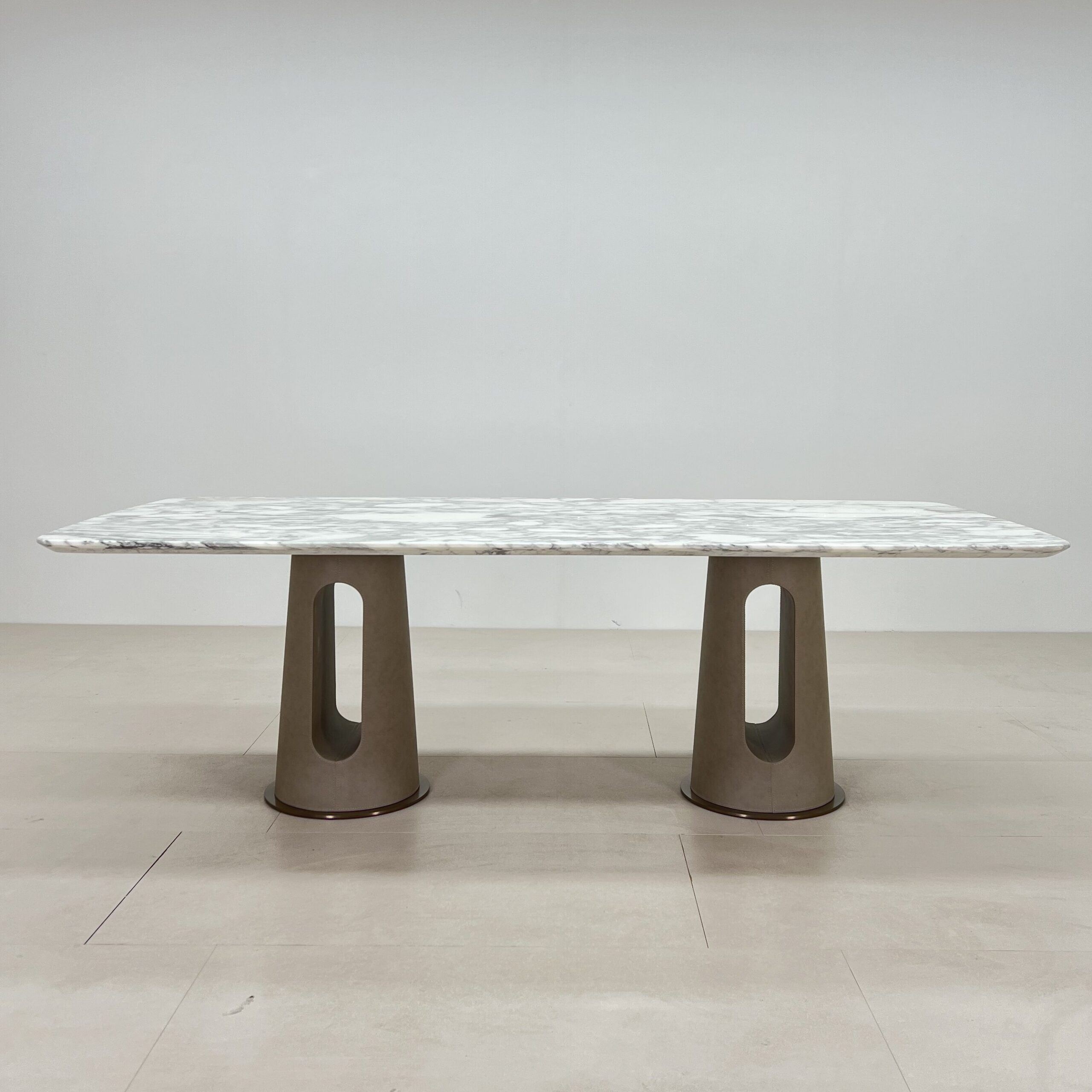 2.2m Two Hollow Waist‑form Leather‑Wrapped Bases Nature Marble Dining Table MJ1272B - 图片 2