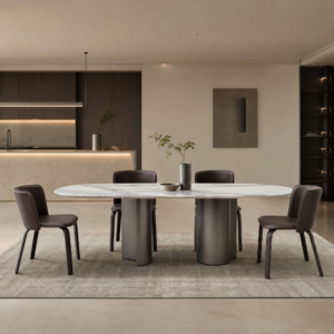 2.4m Asymmetrical Three Lobed Brushed Metal Column Base Dining Table MJ1332