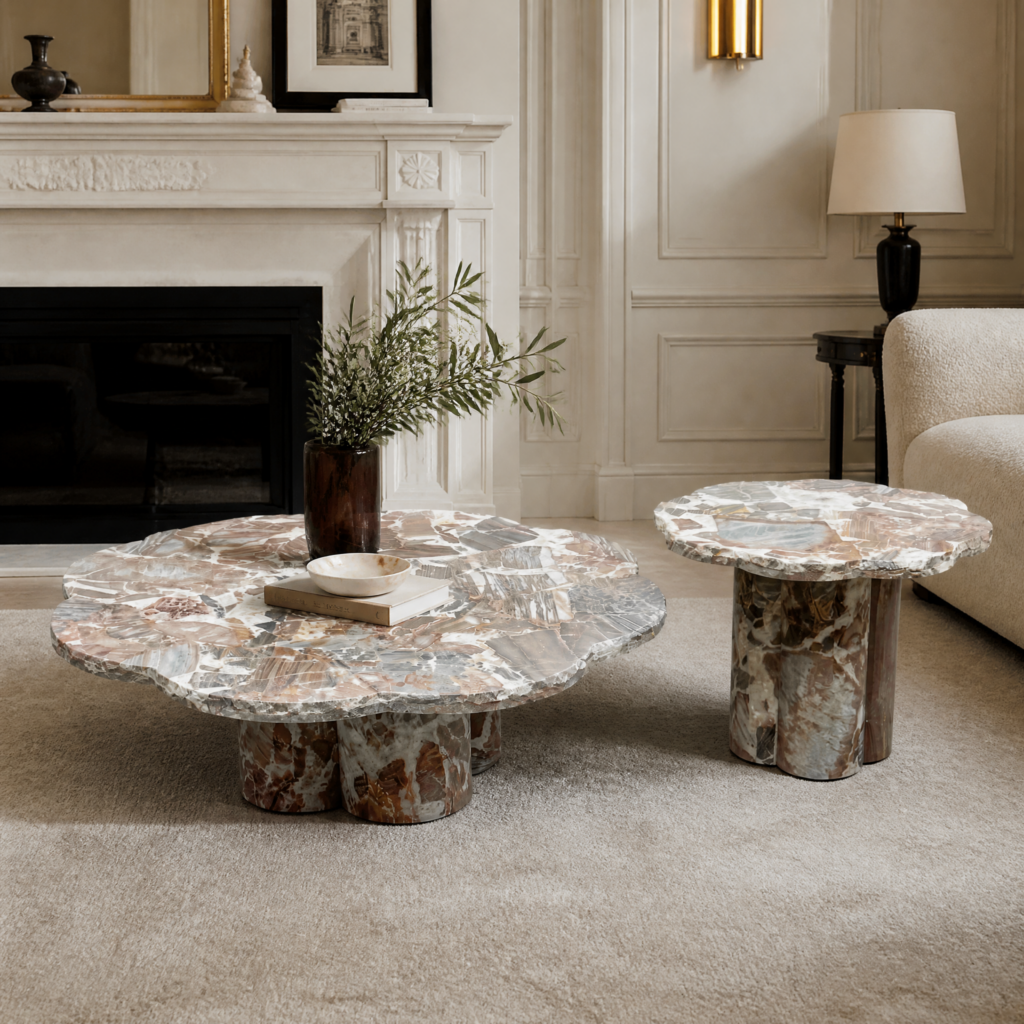 1.1m Flower Design Nature Marble Coffee Table Set MJ2123